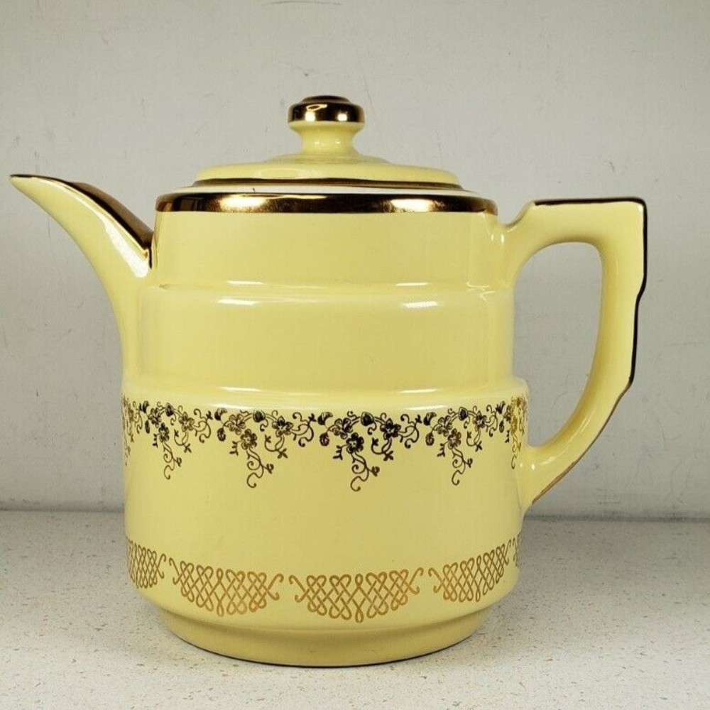 Vtg Large Superior Hall's Glazed Pottery Yellow Teapot Gold Colored Trims 8"